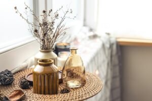 Close-up, details of autumn home decor on a blurred background.